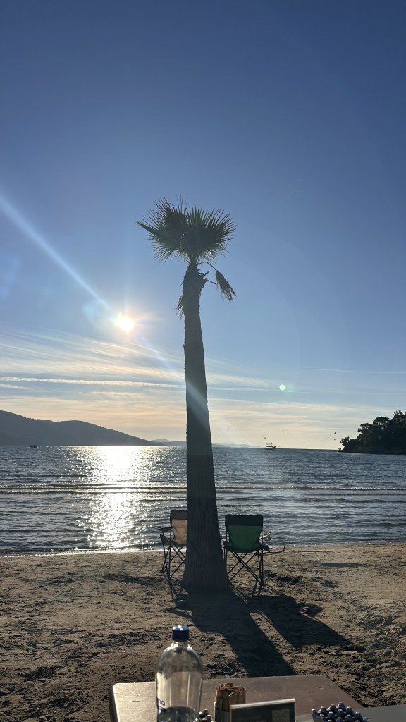 Akyaka plajında palmiye altında kamp sandalyesi, Gökova Körfezi